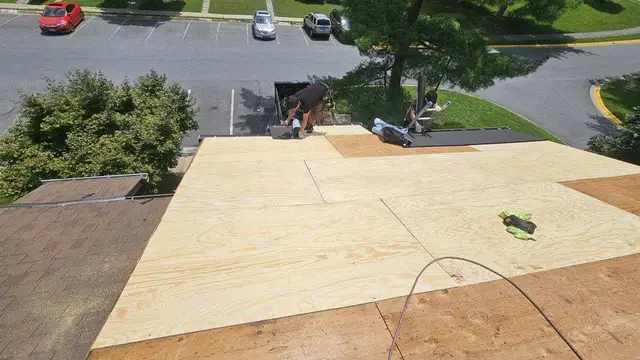 Professional roofers installing new plywood decking and underlayment during a residential roof replacement in Laurel, MD